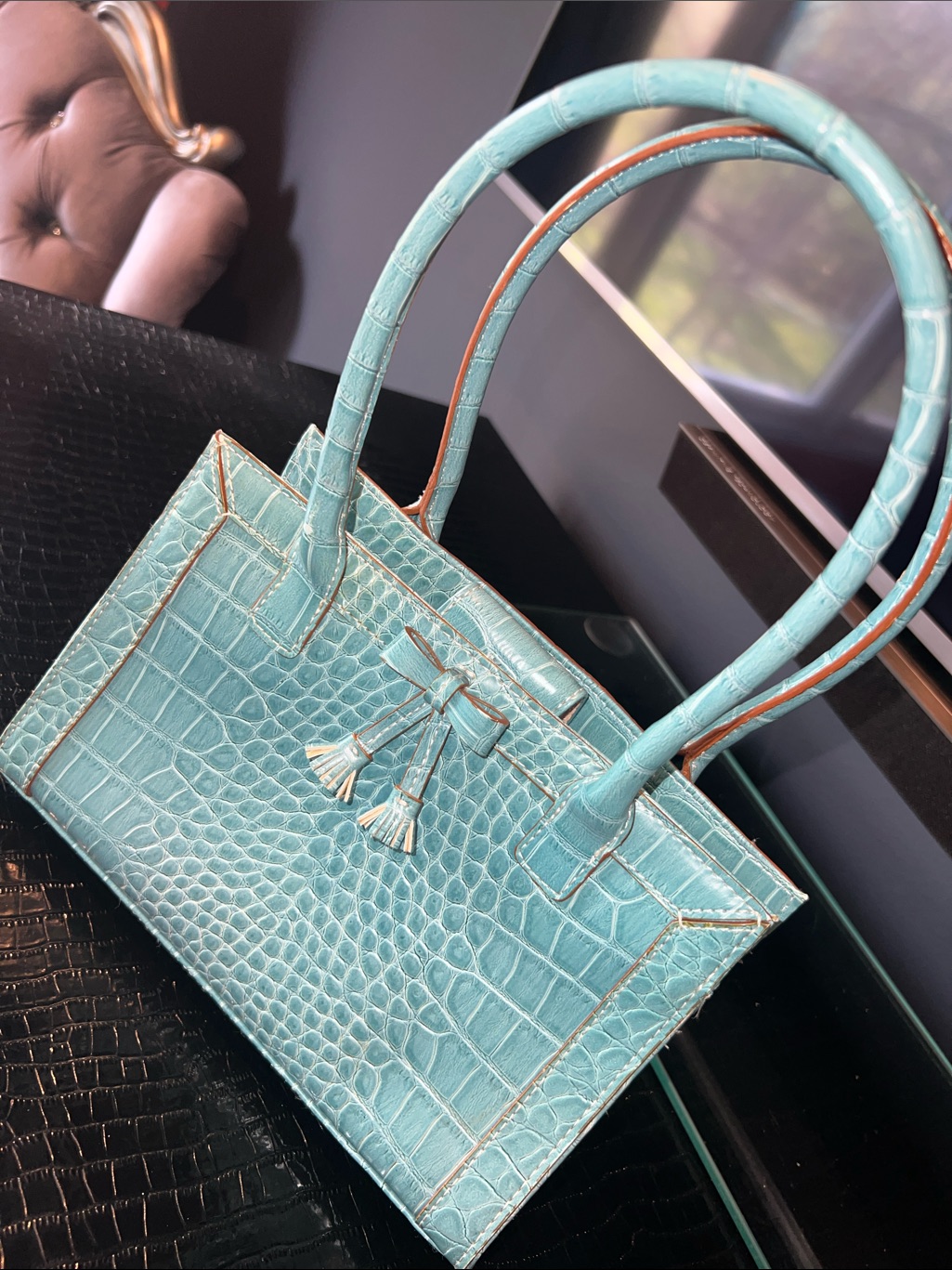 Vintage Liz Claiborne "Great Expectations" Teal Croc-Embossed Bow Satchel
